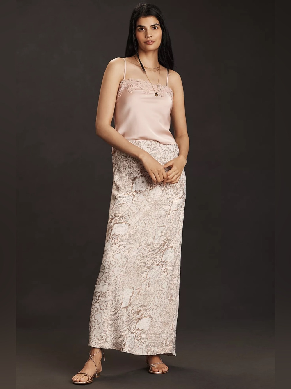 Anthropologie The Tilda Maxi Slip Skirt in Ivory Snake Print, Size Large